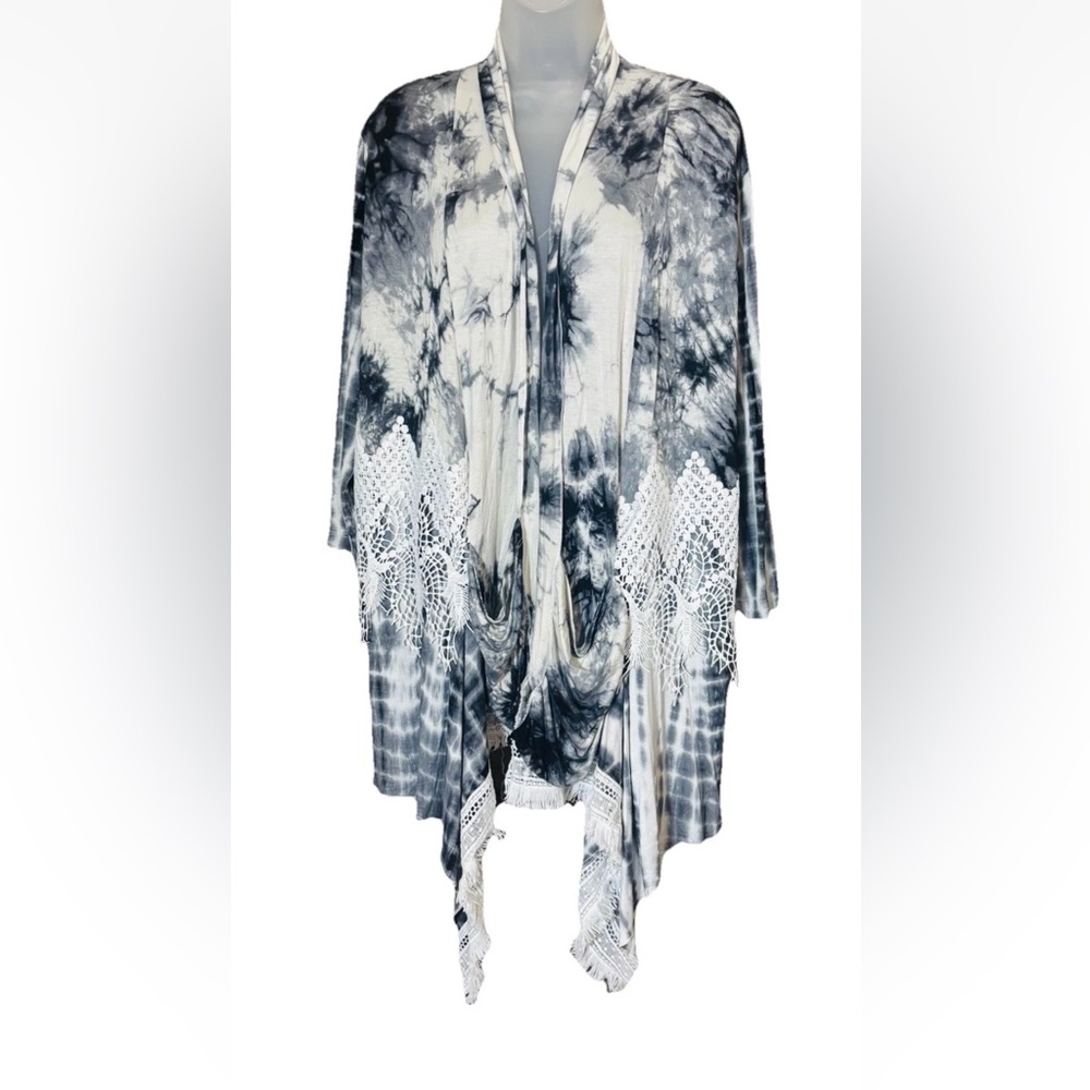 NWT Kamana Size  L Open Front Light Weight Cardigan Jacket Pockets Tie Dye Lace - Picture 3 of 11
